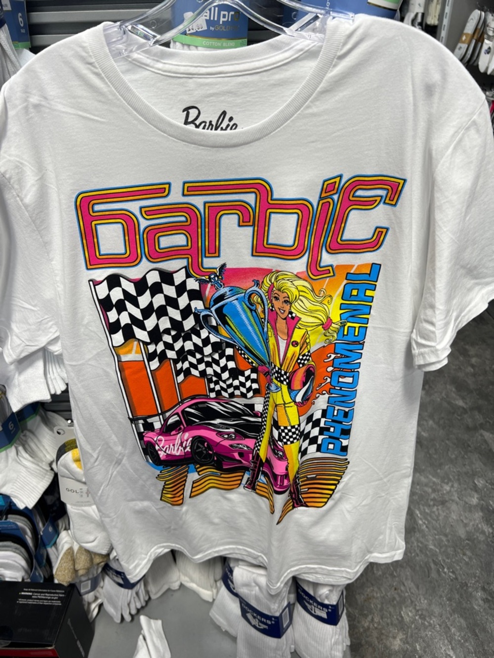 Barbie White Tee with Neon Pink, Yellow & Blue Racing Graphic NWOT